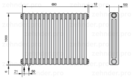Схема (чертеж) Радиатор Zehnder Charleston 3100/15 №3370 Белый глянцевый RAL 9016